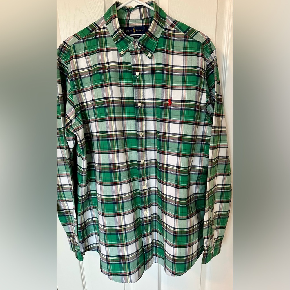 RALPH LAUREN Men's Green and White Plaid Shirt Size Large